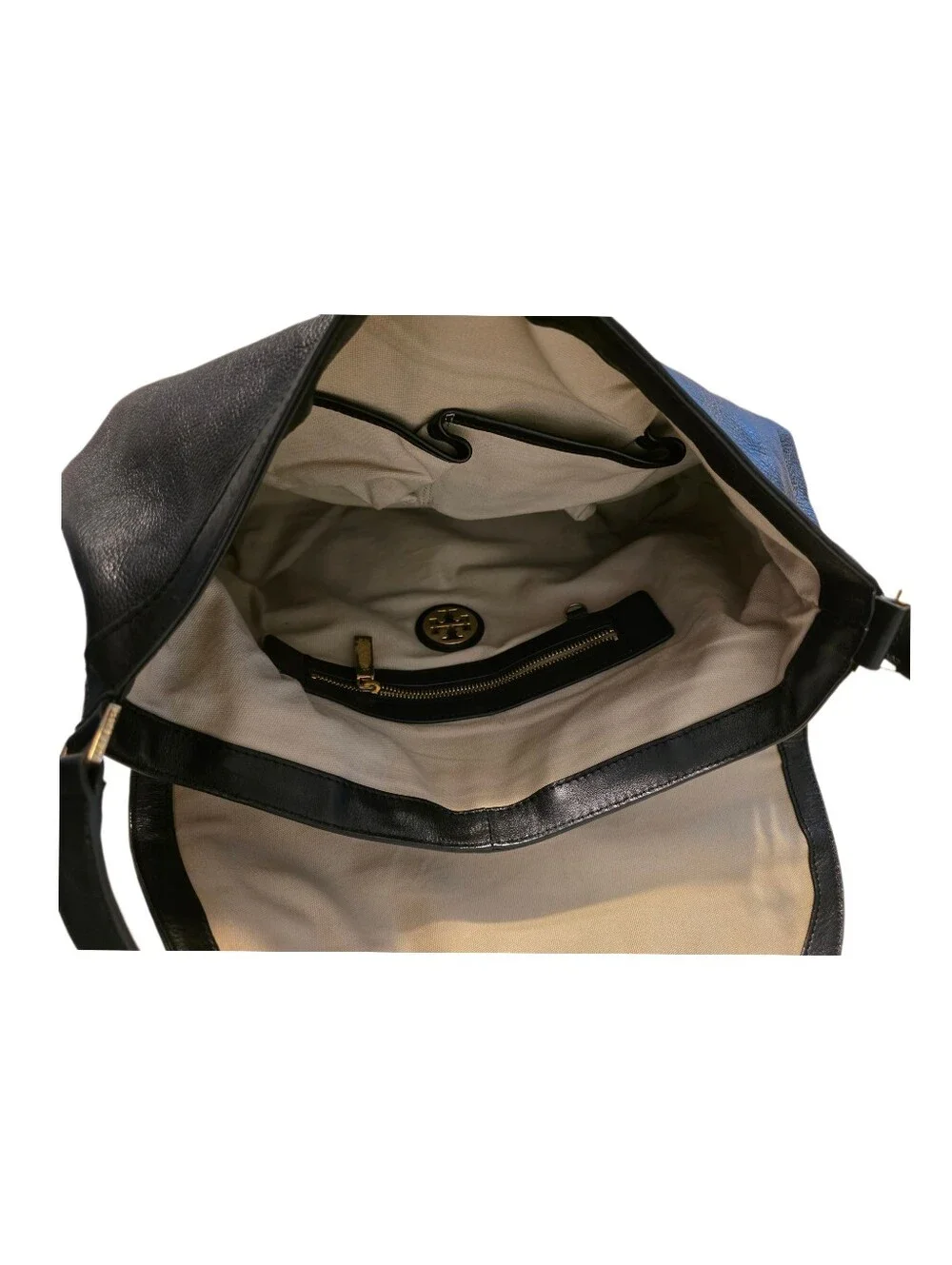 Tory Burch Black Leather Black Shoulder Bag Gold Logo Hobo Flap Purse